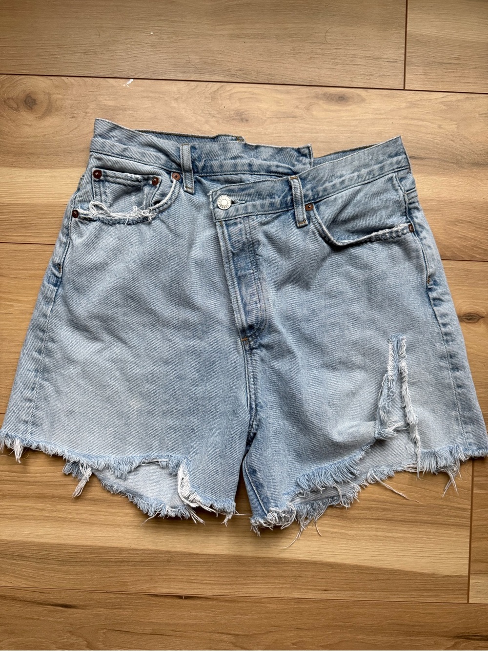 Agolde Parker Criss Cross Light Blue Distressed High-Rise Denim Shorts